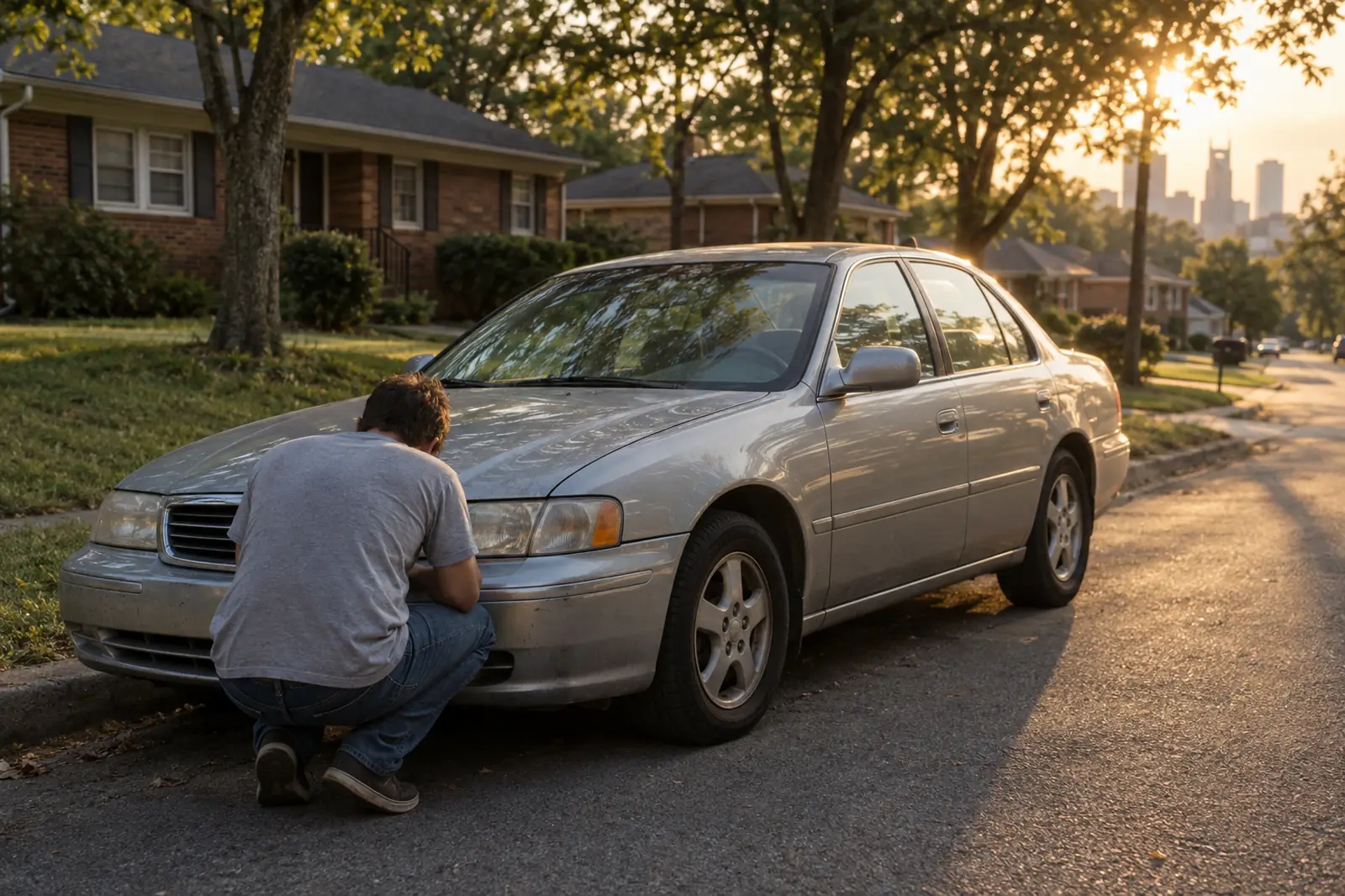An older silver sedan parked at a residential curb at sunset, with a person crouched by the front wheel looking it over.