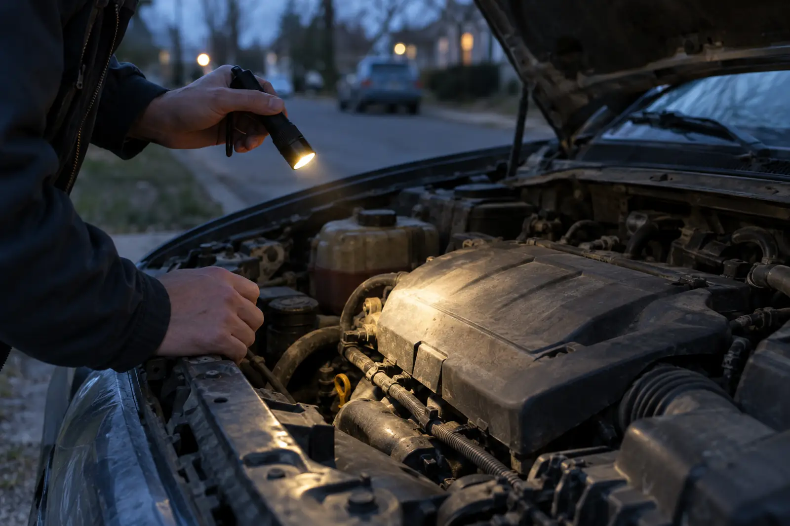 Hands holding a small flashlight over the engine bay of an older sedan parked at the curb at dusk.