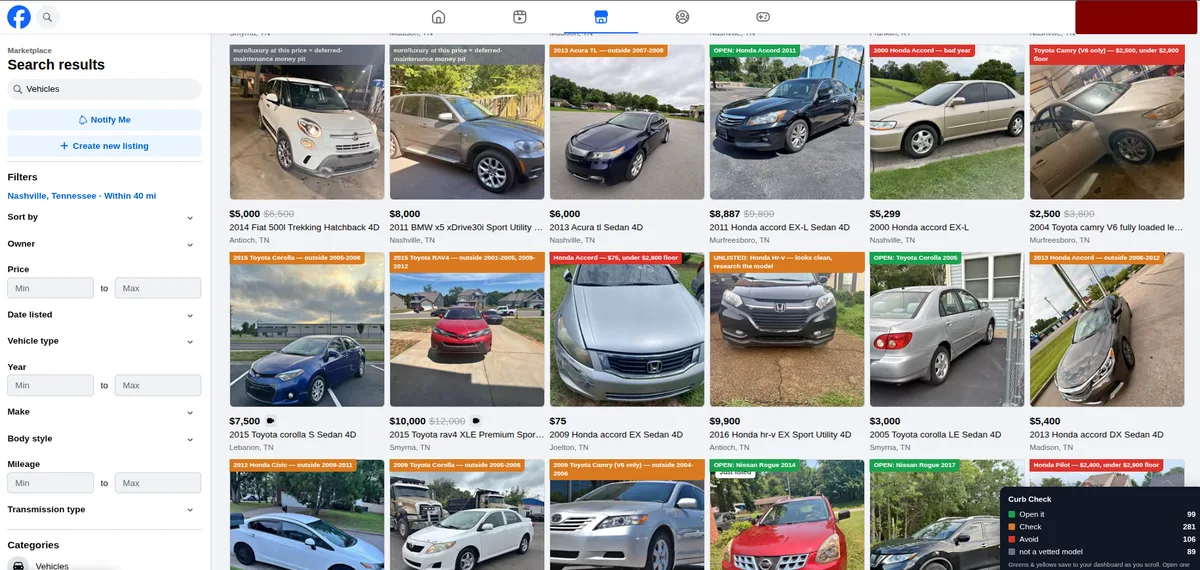 Facebook Marketplace grid of car listings with coloured Curb Check badges and a HUD counter overlaid on the page.
