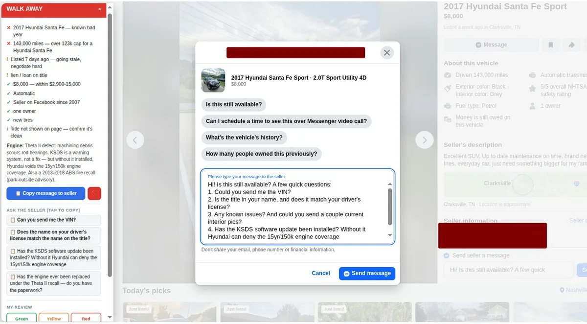 A pre-filled message to the seller with model-specific questions, ready to paste into Messenger.