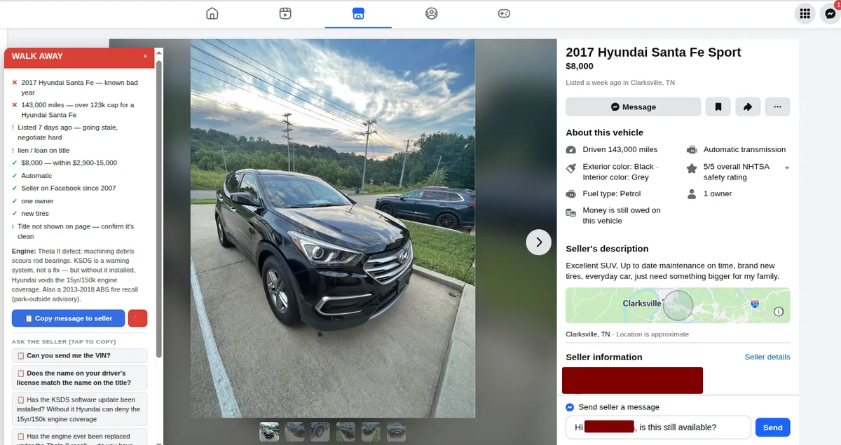 A red WALK AWAY verdict panel open beside a Facebook Marketplace listing, showing the reasoning behind the verdict.