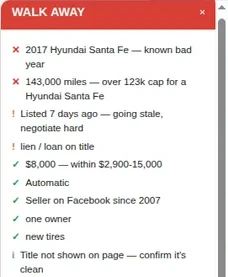 Close-up of a red WALK AWAY panel listing the reasons: a known bad year for the 2017 Hyundai Santa Fe and mileage over the cap for that model.