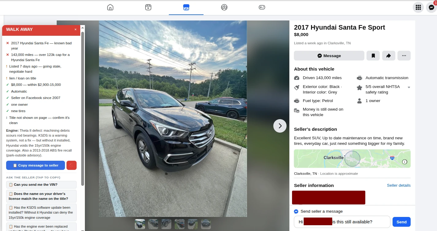 The WALK AWAY panel open on a 2017 Hyundai Santa Fe listing, showing known problems, mileage limits, and questions to ask the seller. Seller details redacted.