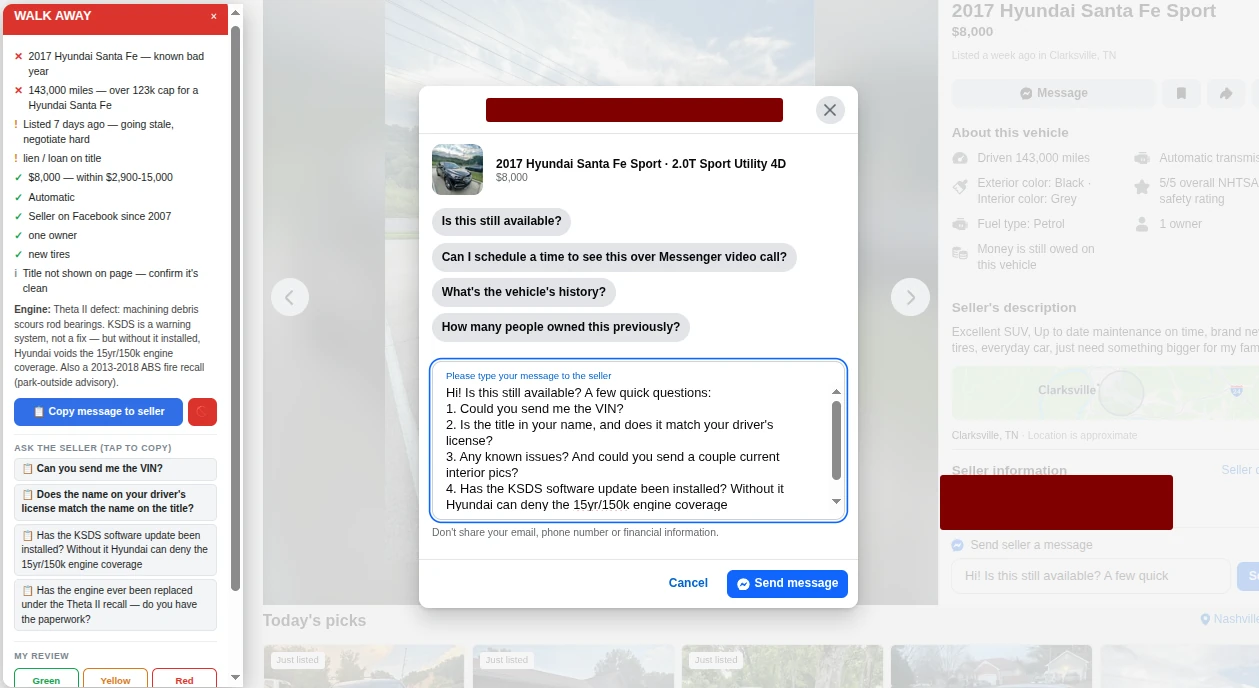 A pre-filled message to the seller ready to send from the WALK AWAY panel, with the seller's name redacted.